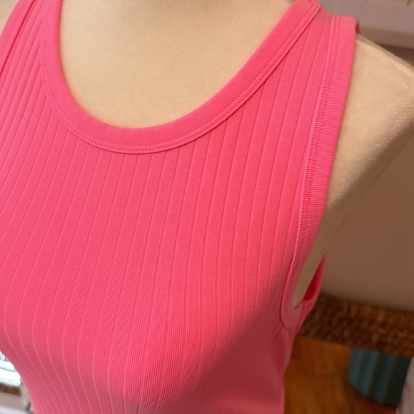 AERIE Backless Dress Neon Pink Rib Cotton Blend Scoop Neck MIDI Dress Slit NWT - Picture 3 of 7